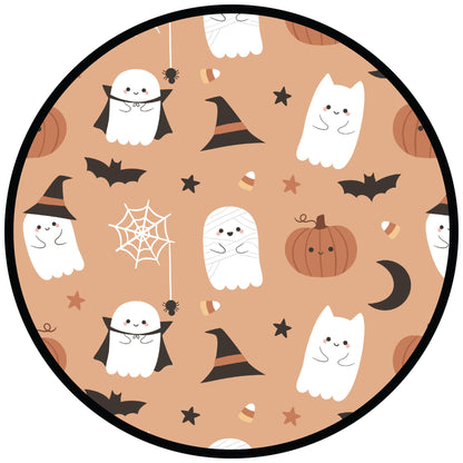 Round Halloween-themed with ghosts, pumpkins, and bats on a beige background.
