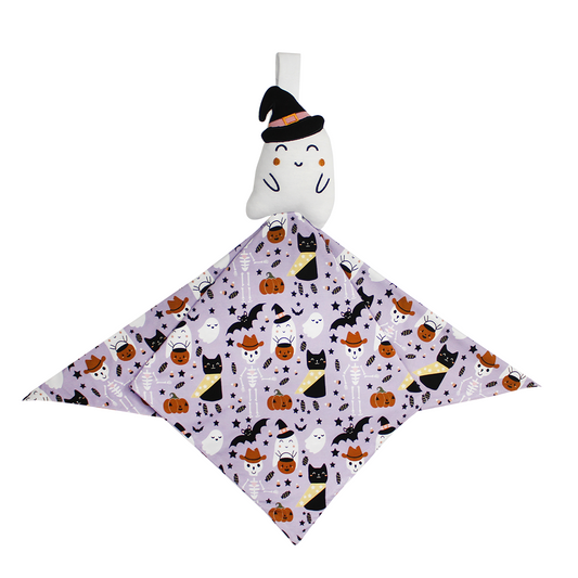 the "spooky cute purple" ghost lovey. the "spooky cute purple" print is a halloween themed pattern that contains cute versions go ghost, skeletons, black cats, candy treats, bats, and pumpkins. 