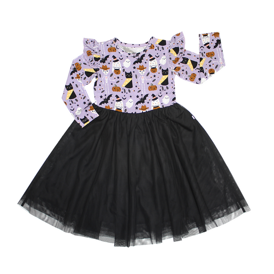 the "spooky cute purple" tulle twirl dress. the "spooky cute purple" print is a halloween themed pattern that contains cute versions go ghost, skeletons, black cats, candy treats, bats, and pumpkins. 