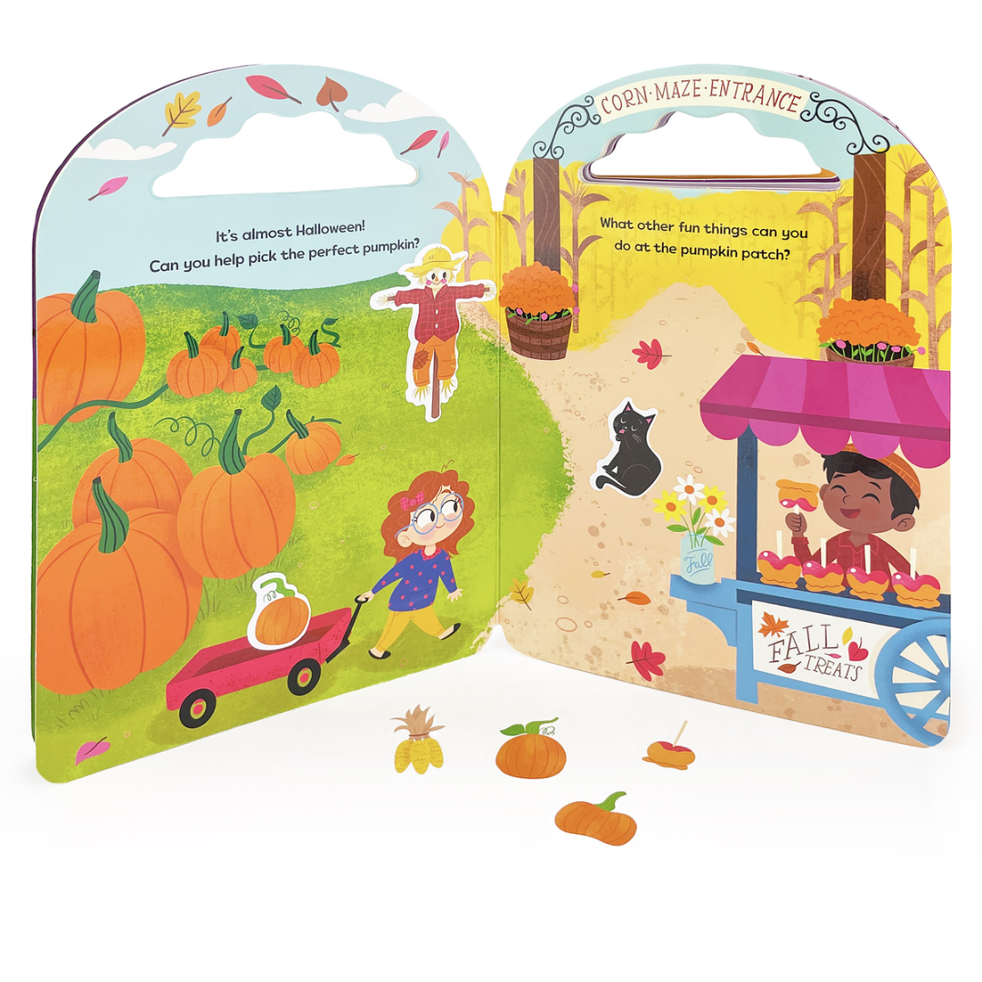 halloween board book opened to inside pages so you can see pumpkins and children