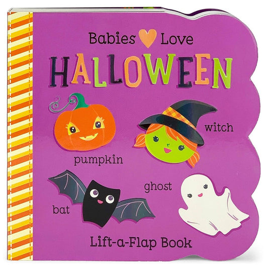 board book called Halloween with a pumpkin, witch, bat and ghost on a purple cover