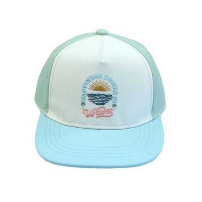 A stylish kids' and baby snapback hat in pastel blue and green, featuring embroidered text "Happiness Comes in Waves" with a sun and ocean design. Perfect for coastal adventures.