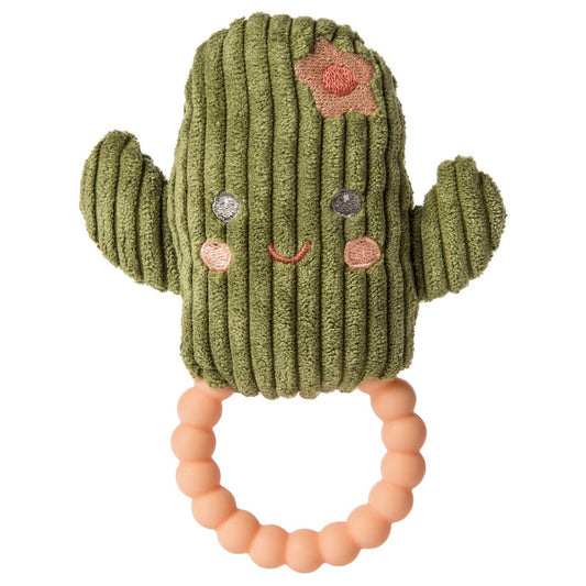 little green cactus teether plush with pink flower