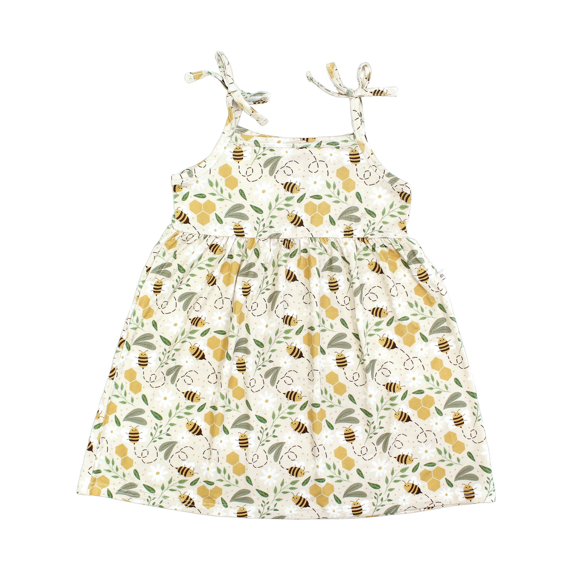 Adorable bamboo sundress featuring a happy honey bee and honeycomb print. Made from lightweight, breathable, and hypoallergenic fabric, perfect for warm-weather comfort.