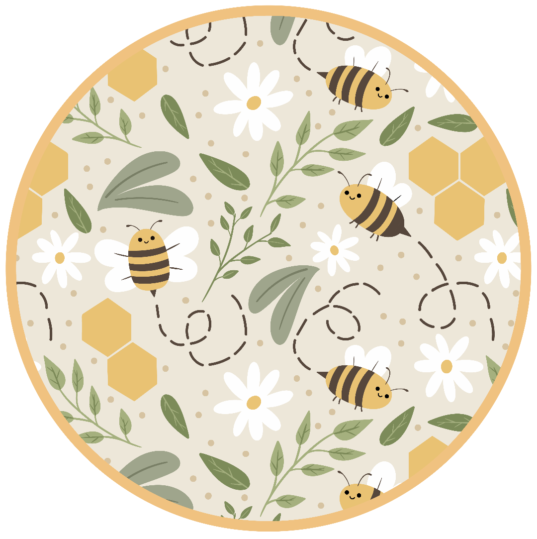 A close-up of the Happy Honey Bees print, featuring a delicate pattern of buzzing bees, honeycombs, and green leaves on a soft cream background.