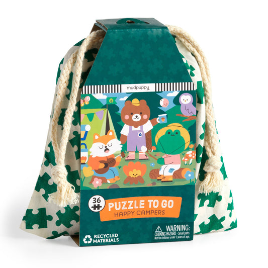 a happy campers puzzle in a travel bag