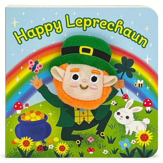 st patricks day themed board book with a leprechaun finger puppet in the middle and a rainbow and a pot of gold on the front