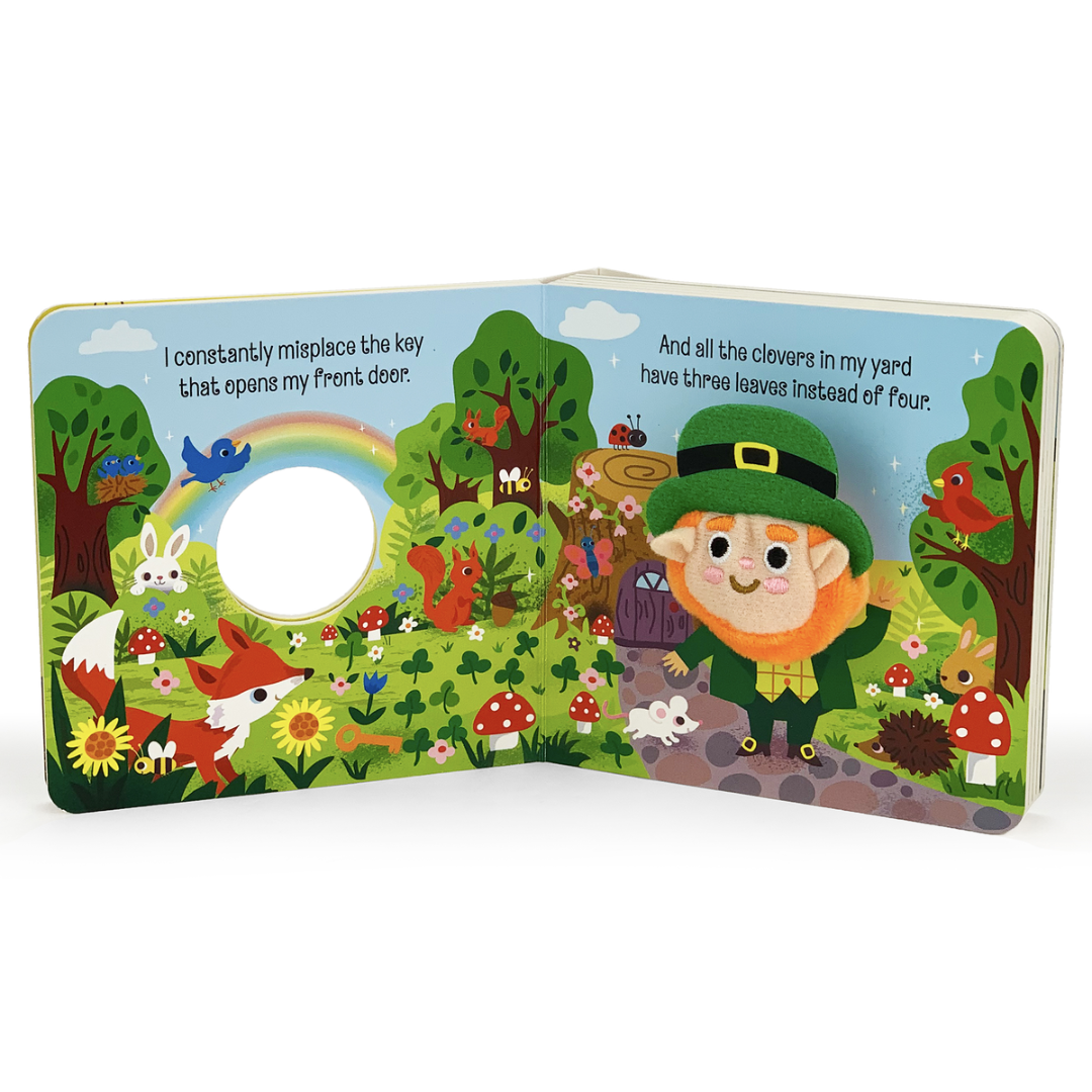 inside pages of a st patricks day theme board book with a leprechaun finger puppet