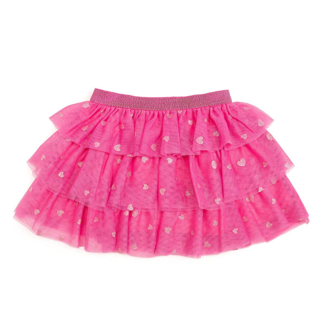 hot pink tutu with 3 layers of tulle and glittery hearts on it