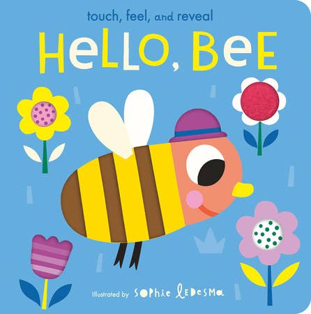 Children's book cover with a bee illustration and flowers on a blue background