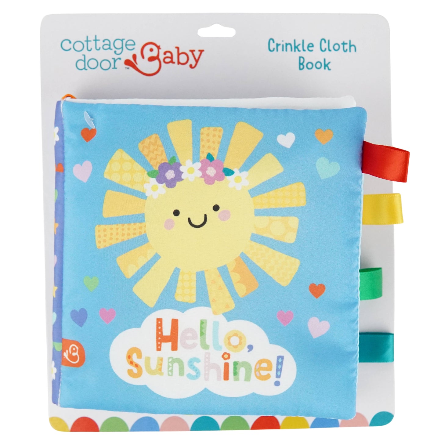 Cottage Door Baby crinkle cloth book with a sun design on a white background