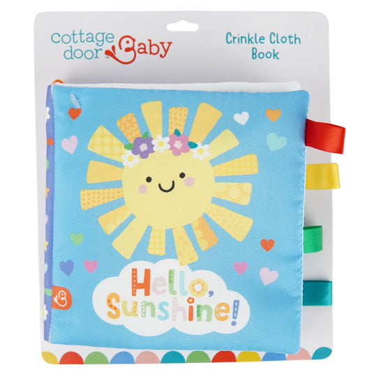 Cottage Door Baby crinkle cloth book with a sun design on a white background