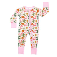 Emerson and Friends Hey Y’all Convertible Bamboo Pajamas with double zipper. The print shows  green cactus, yellow sun, brown cowgirl hat, pink boots and horseshoes. Perfect for cozy rodeo nights or pajama parties with a cowgirl flair!