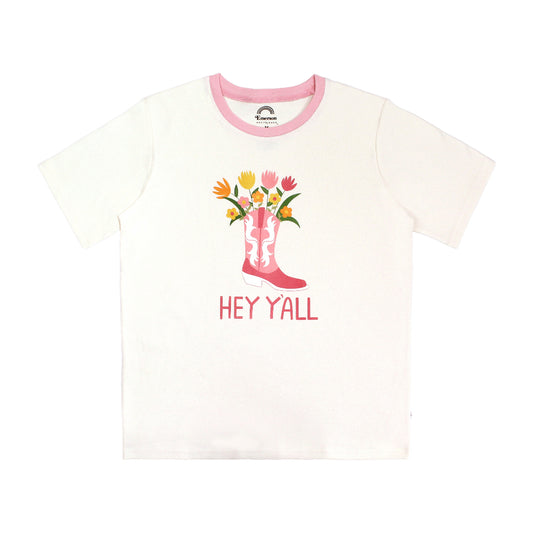 Our Hey y'all Toddler Cotton Tee featuring the phrase "hey y'all" printed prominently on the front with pink cowgirl boot and flowers. 
