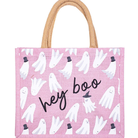 pink tote bag with white ghosts on it and it says hey boo