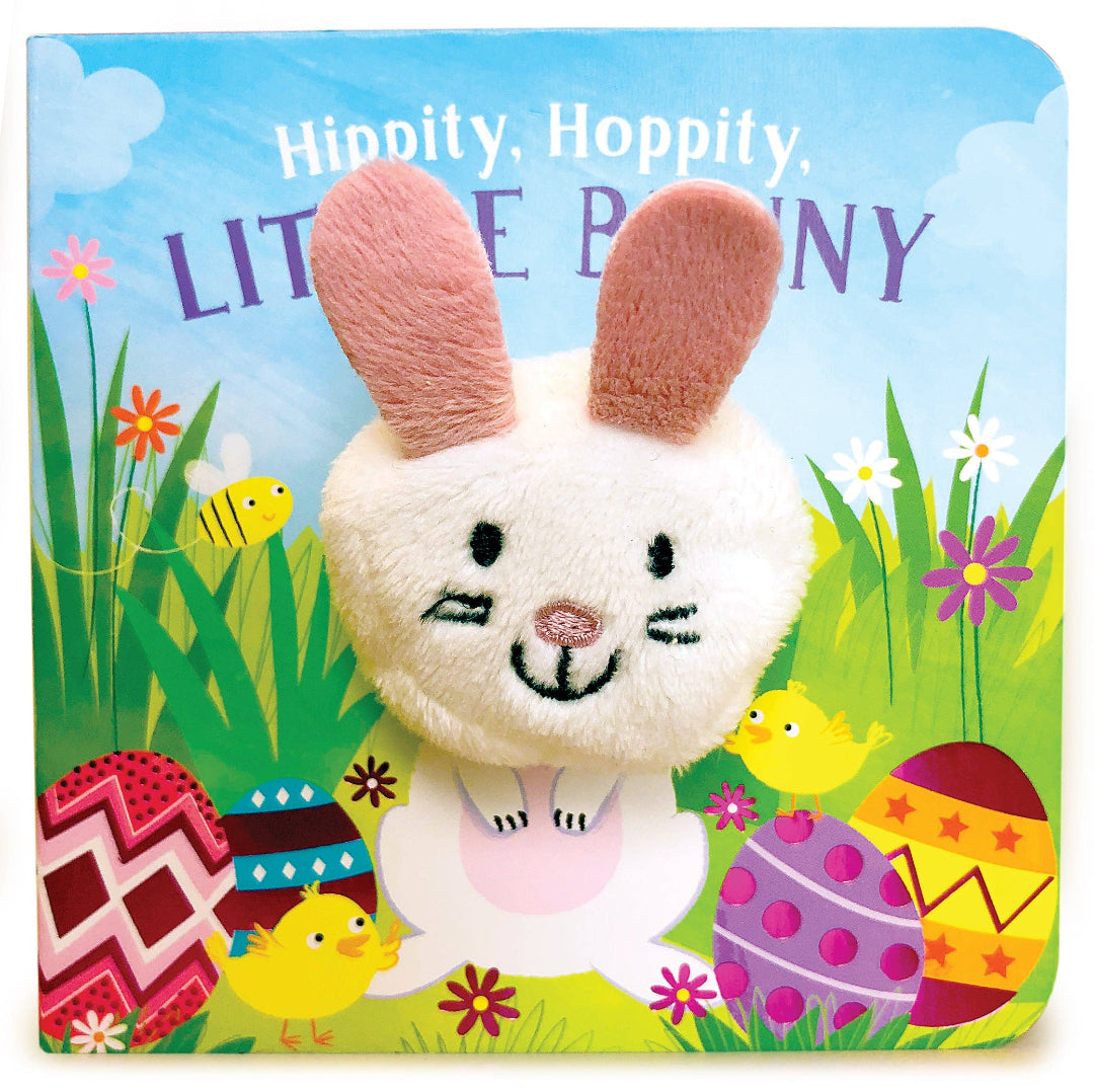 easter themed board book with an easter bunny finger puppet in the middle