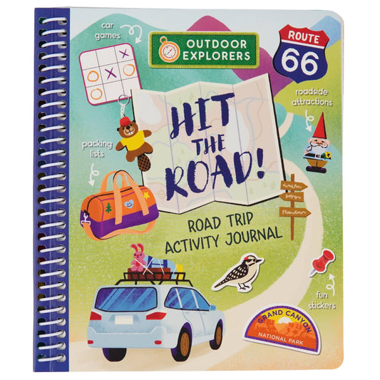 Cover of a road trip activity journal titled 'Hit the Road!' with illustrations of a car, teddy bear, and camping gear.