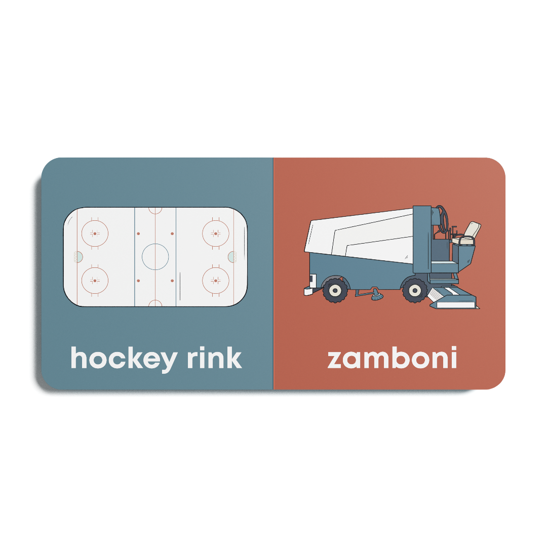 Card with illustration of a hockey rink on one side and a zamboni on the other, on a white background.