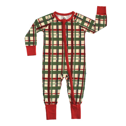 A baby long-sleeve footless one-piece sleeper with a festive red, green, and cream plaid pattern, featuring a red zipper and solid red cuffs and leg cuffs, shown flat on a white background.