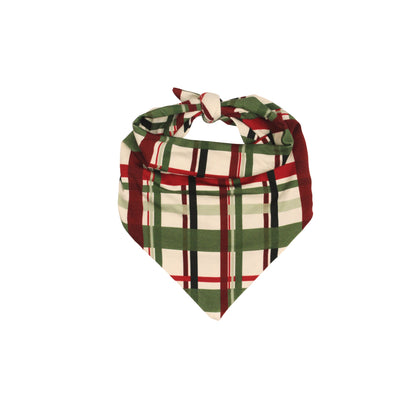 Holiday Plaid Bamboo Pet Bandana with a red, green, and cream plaid pattern and tie-on design.