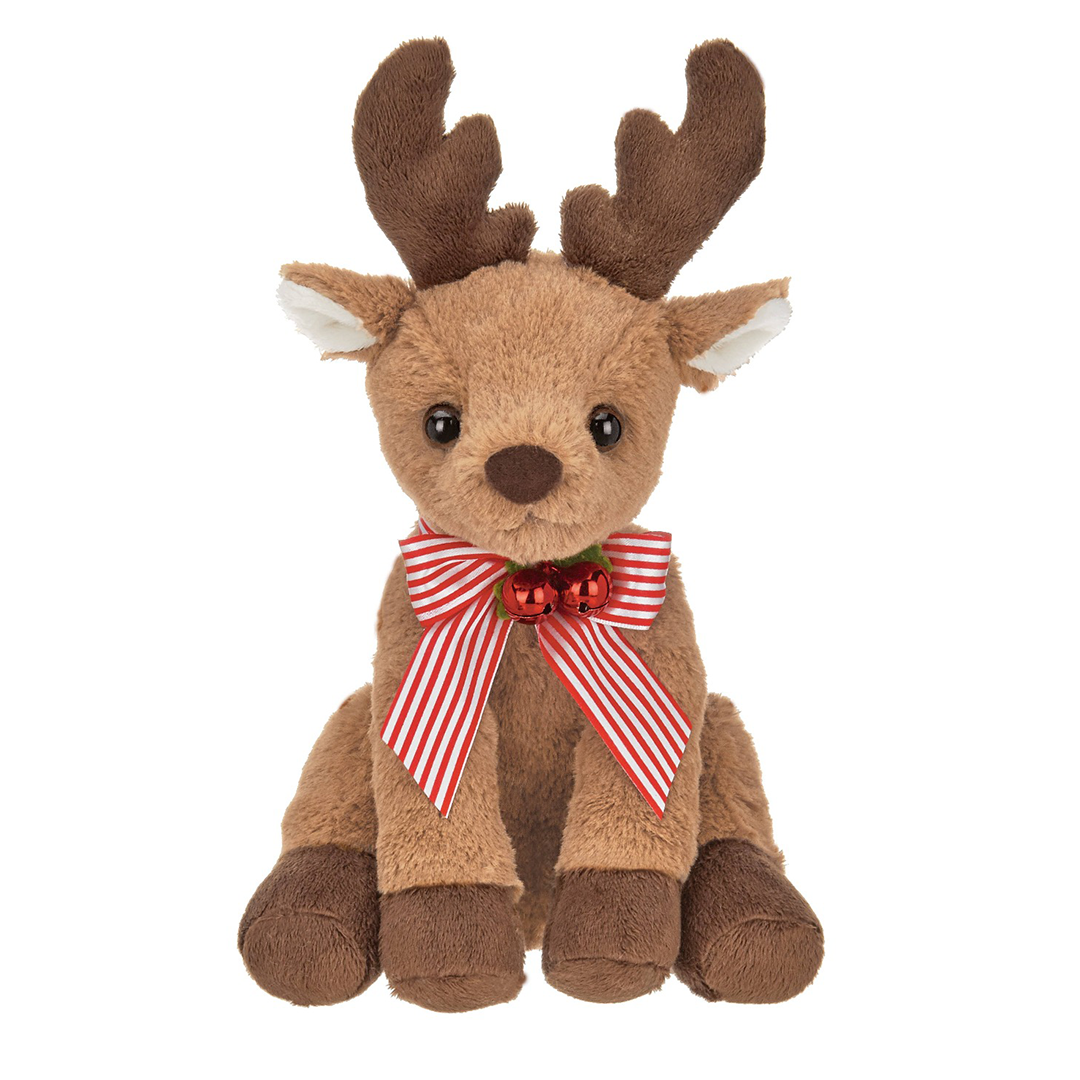 reindeer plush stuffed animal with a red bowtie and red bells