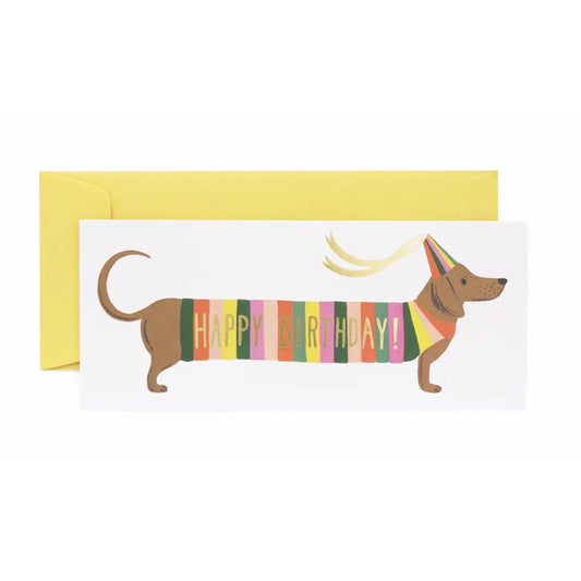 happy birthday card with a weiner dog wearing a sweater and party hat