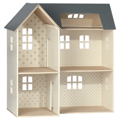 • Maileg wooden dollhouse house of miniature playhouse
• Multi room wooden dollhouse with slanted blue roof for mice toys