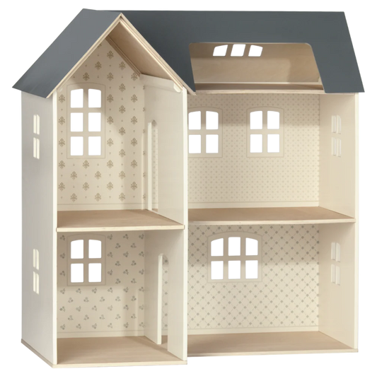 • Maileg wooden dollhouse house of miniature playhouse
• Multi room wooden dollhouse with slanted blue roof for mice toys