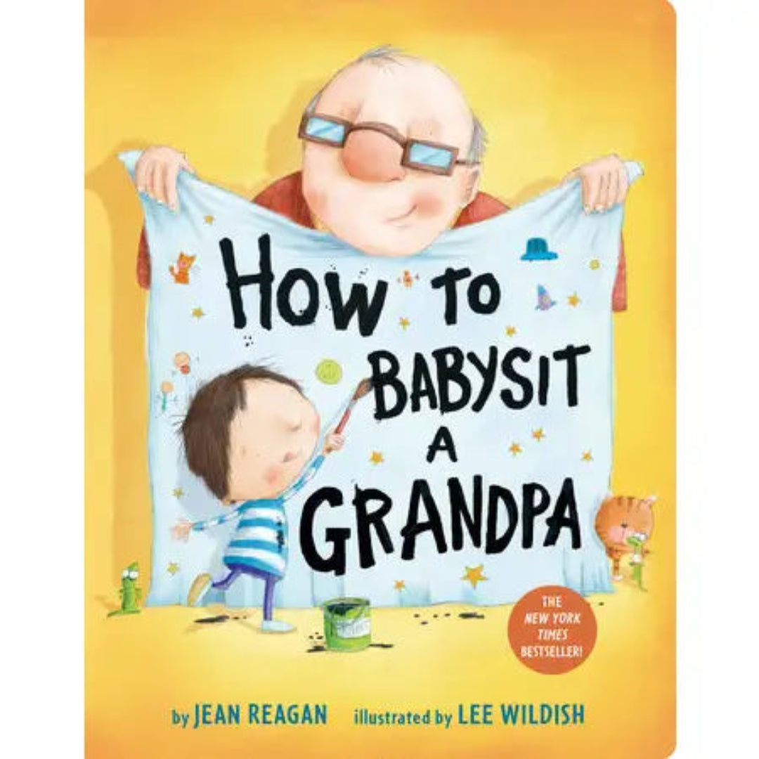 a book with a grandfather folding up a canvas and the grandchild is painting on it