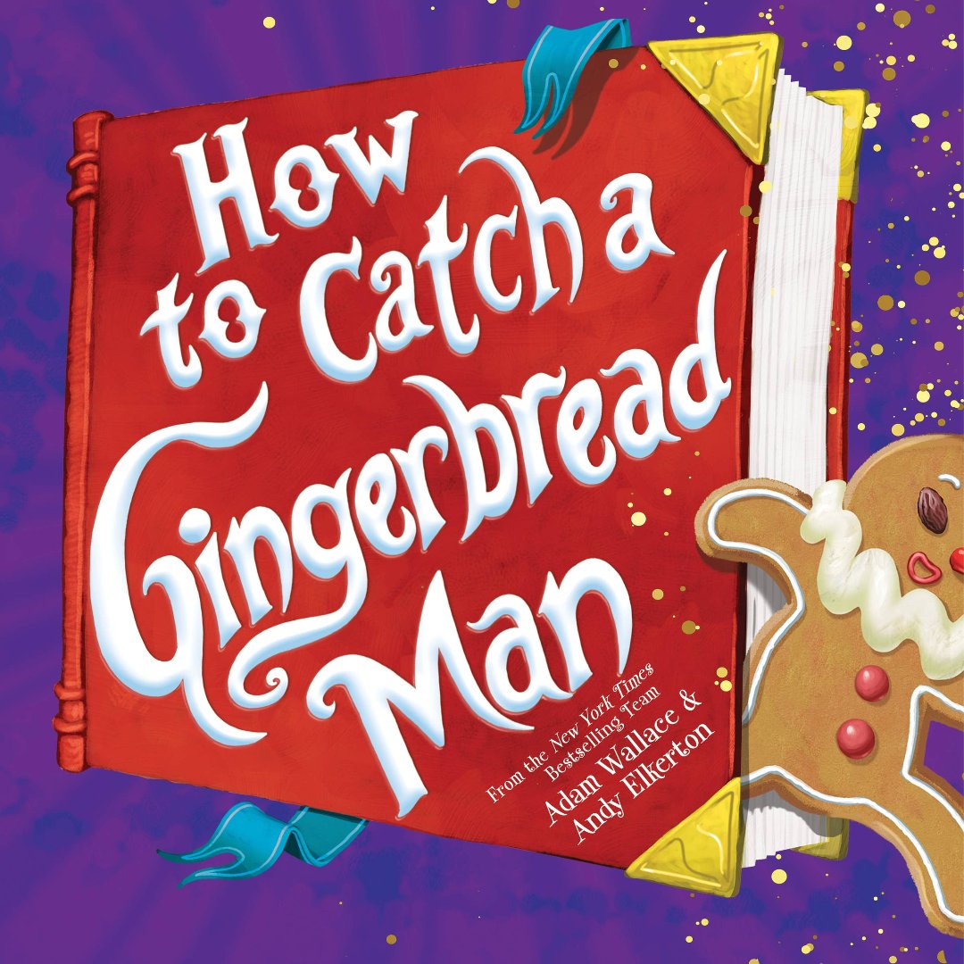 purple and red book cover with a gingerbread man running on it