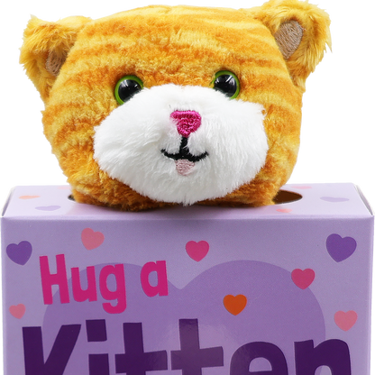 stuffed kitten toy inside a box with a kitten huggers guide included