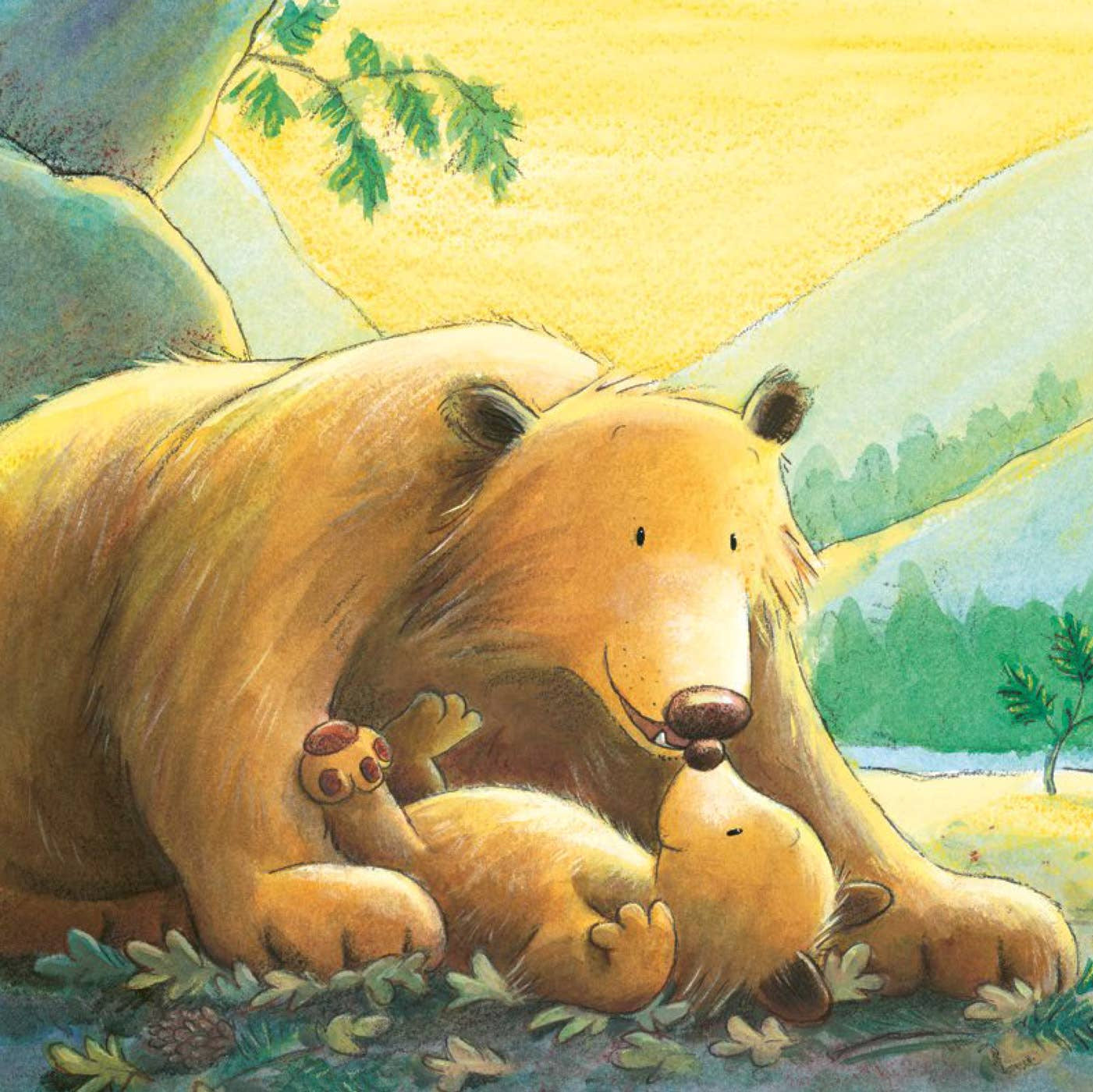 Illustration of a bear and cub with a scenic background and text.