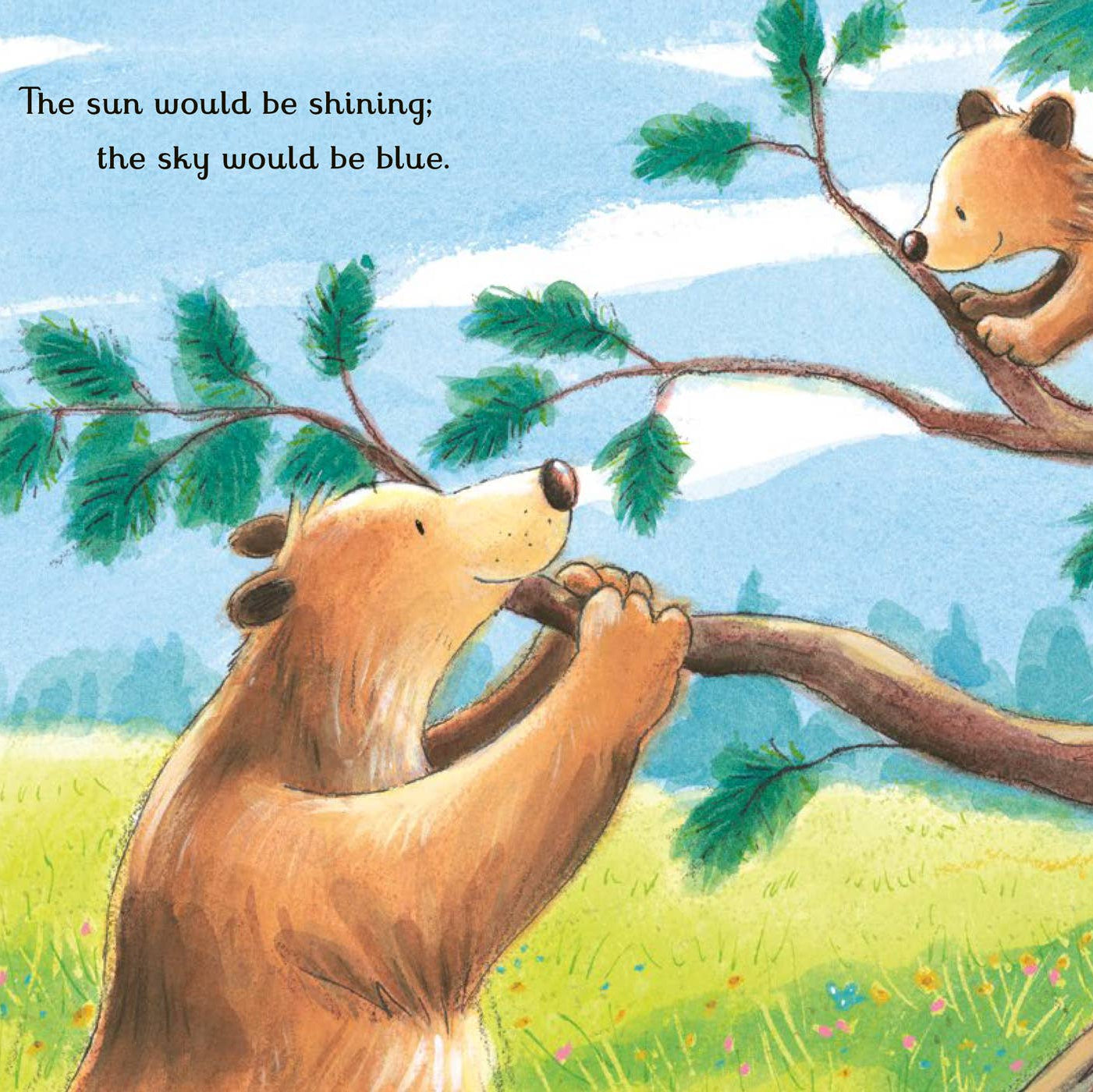 Illustration of two bears in a tree with a blue sky and green grass.