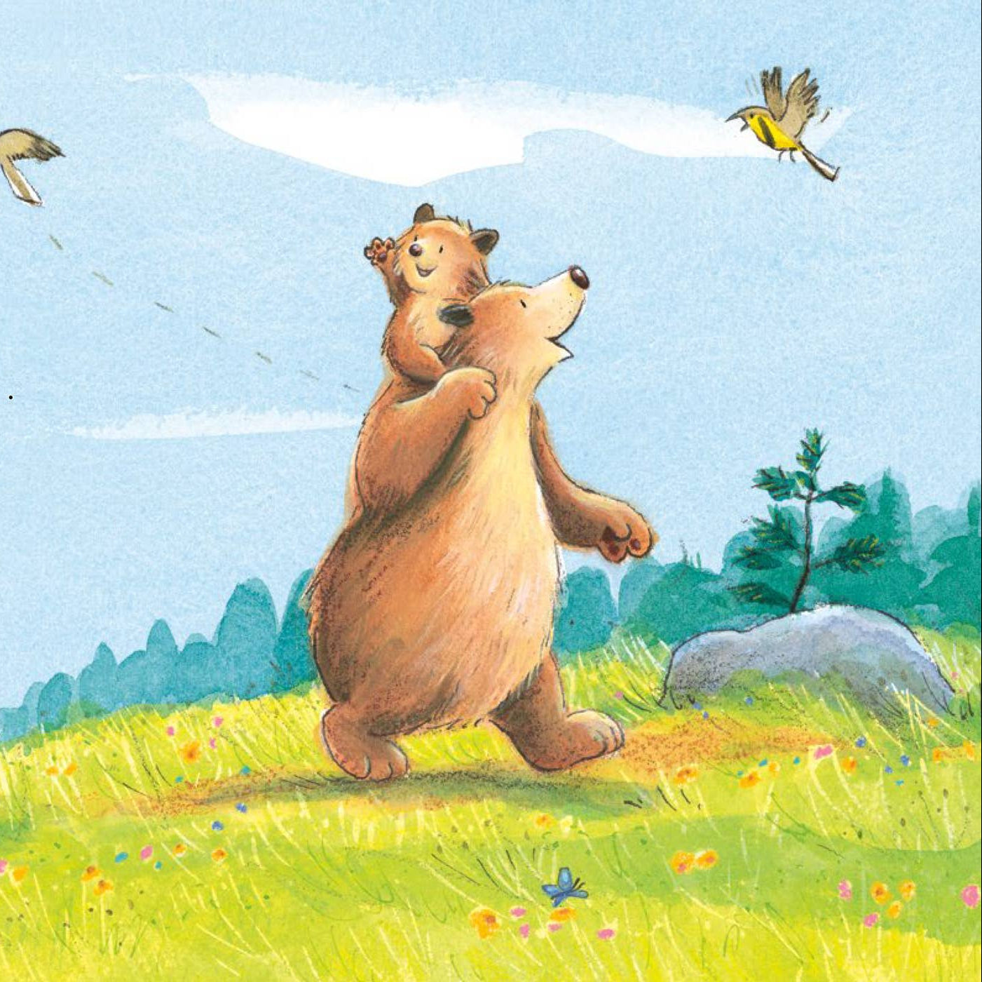Illustration of two bears in a grassy field with birds flying in the sky.