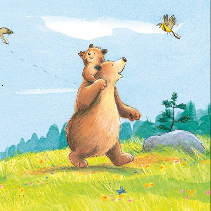 Illustration of two bears in a grassy field with birds flying in the sky.