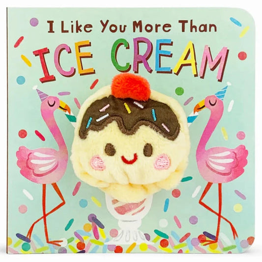 A multi-colored ice cream puppet on a board book with flamingos and sprinkles