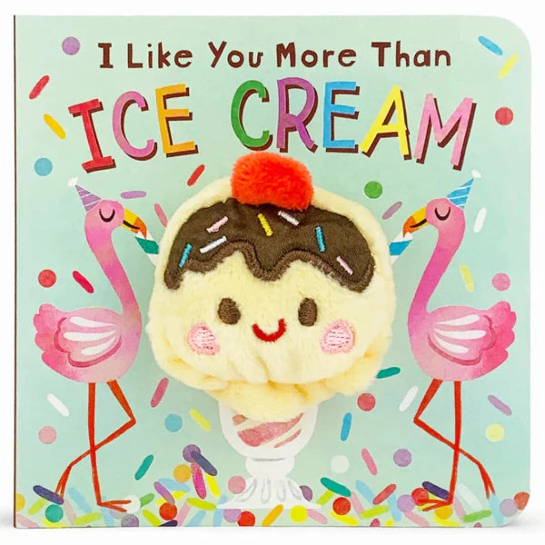 A multi-colored ice cream puppet on a board book with flamingos and sprinkles