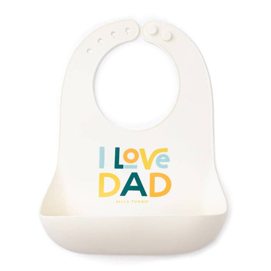 white silicone bib with I love dad written in multi colors