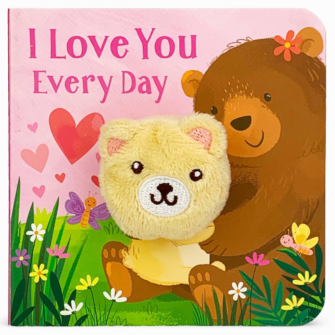 Yellow bear puppet on a multi-colored board book with another bear, insects, hearts, and a meadow