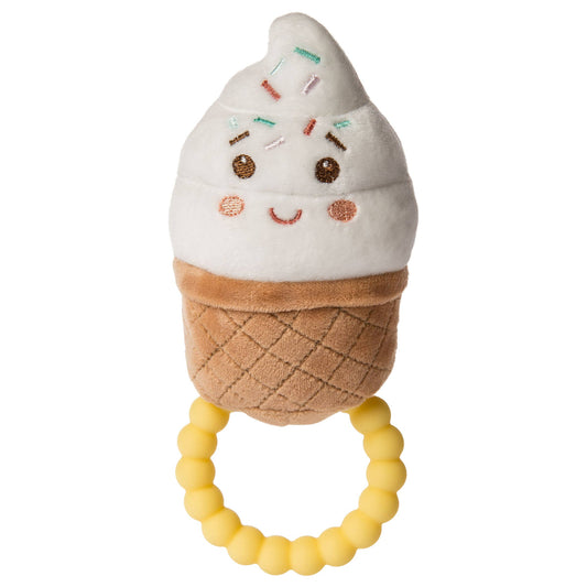 ice cream shaped plush toy with a yellow teething ring on the bottom