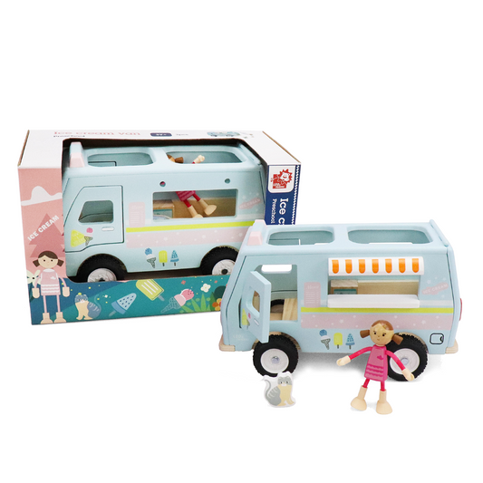 wooden toy ice cream van with a little toy girl and toy cat included