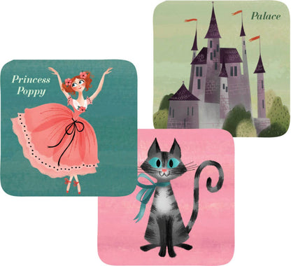 Set of three illustrated cards featuring a princess, a cat, and a palace.
