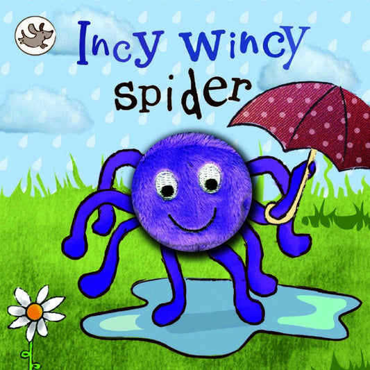 Purple spider finger puppet on a board book with a red umbrella and a multi-colored rainy scene
