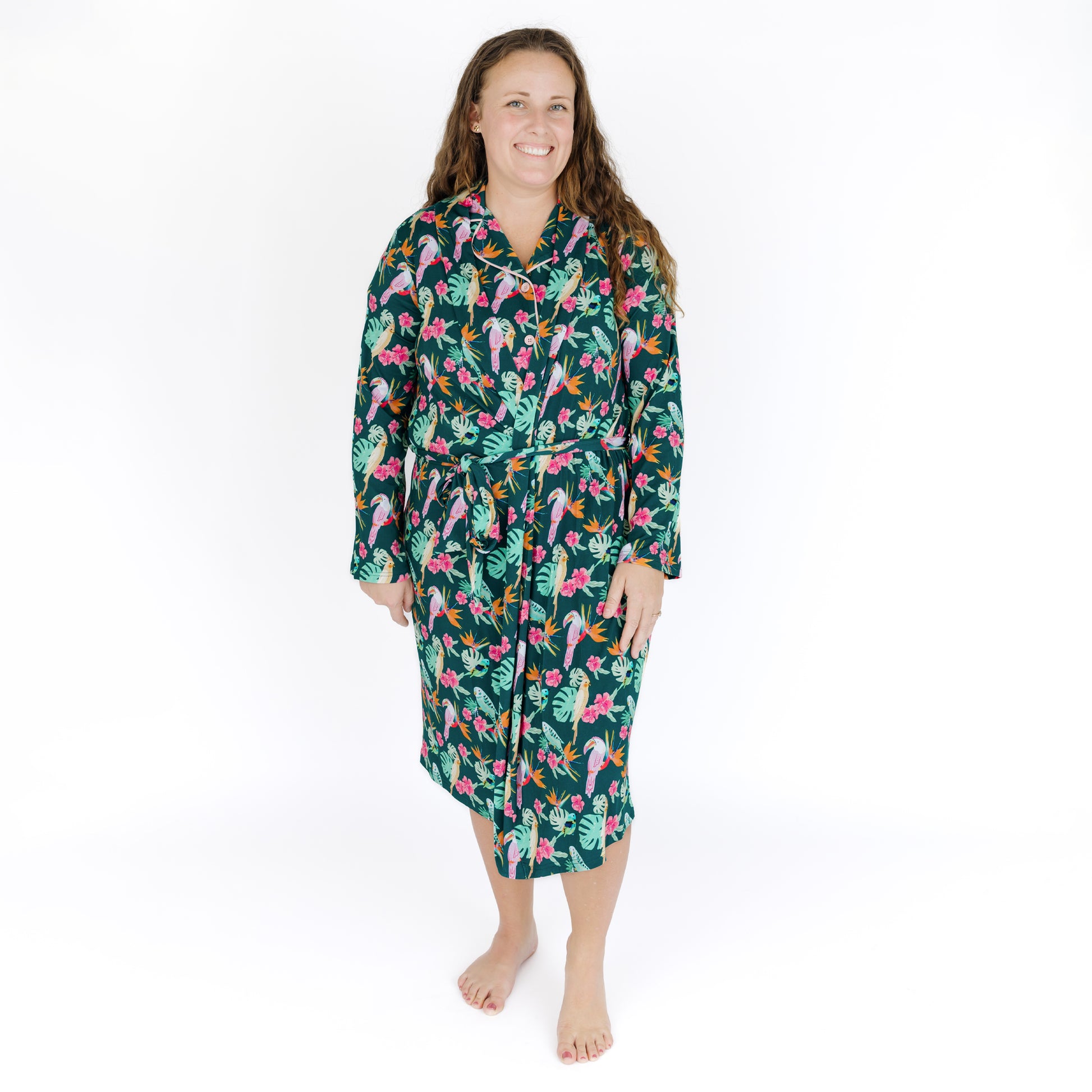 Full body view of the Isla Botánica women’s robe, demonstrating the adjustable tie waist and secure, customizable fit.