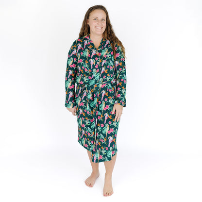 Full body view of the Isla Botánica women’s robe, demonstrating the adjustable tie waist and secure, customizable fit.