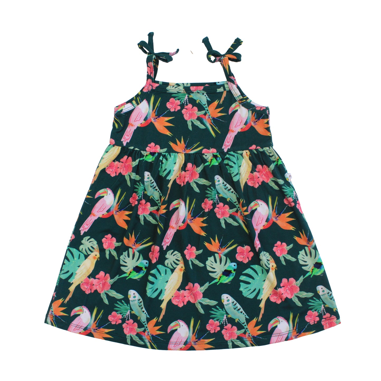 Girls spaghetti strap sundress in the Isla Botánica tropical birds print with decorative shoulder bows and a flowy skirt.