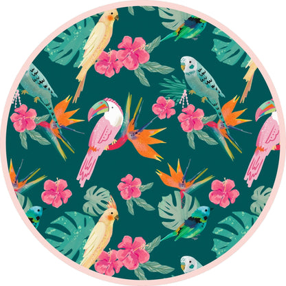 Detailed close-up of the Isla Botánica print featuring colorful tropical birds and lush palm leaves on signature bamboo fabric.