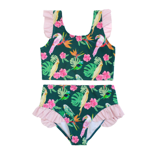 Girls two-piece flutter bikini in the Isla Botánica print featuring pink flutter sleeves and ruffle leg openings.