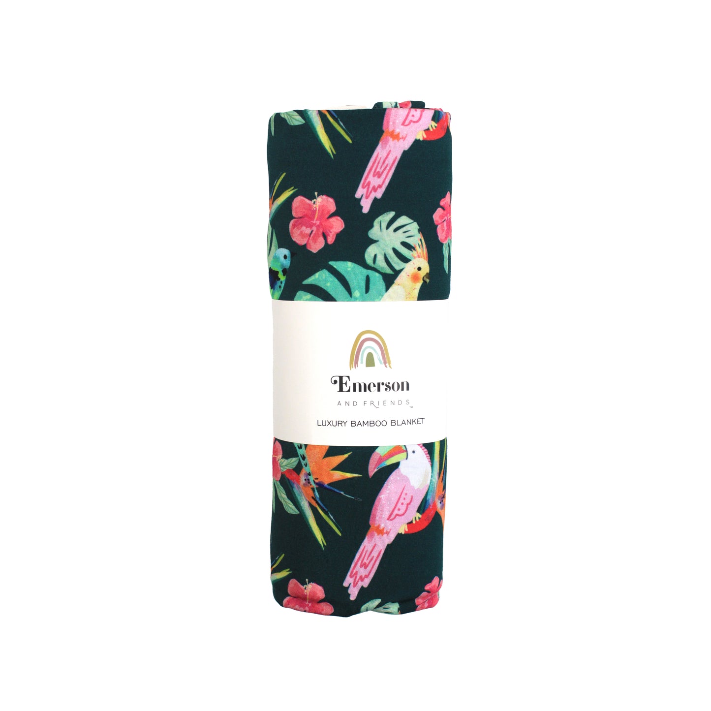 Double-layered luxury bamboo blanket in the Isla Botánica print featuring colorful tropical birds and lush palm leaves.