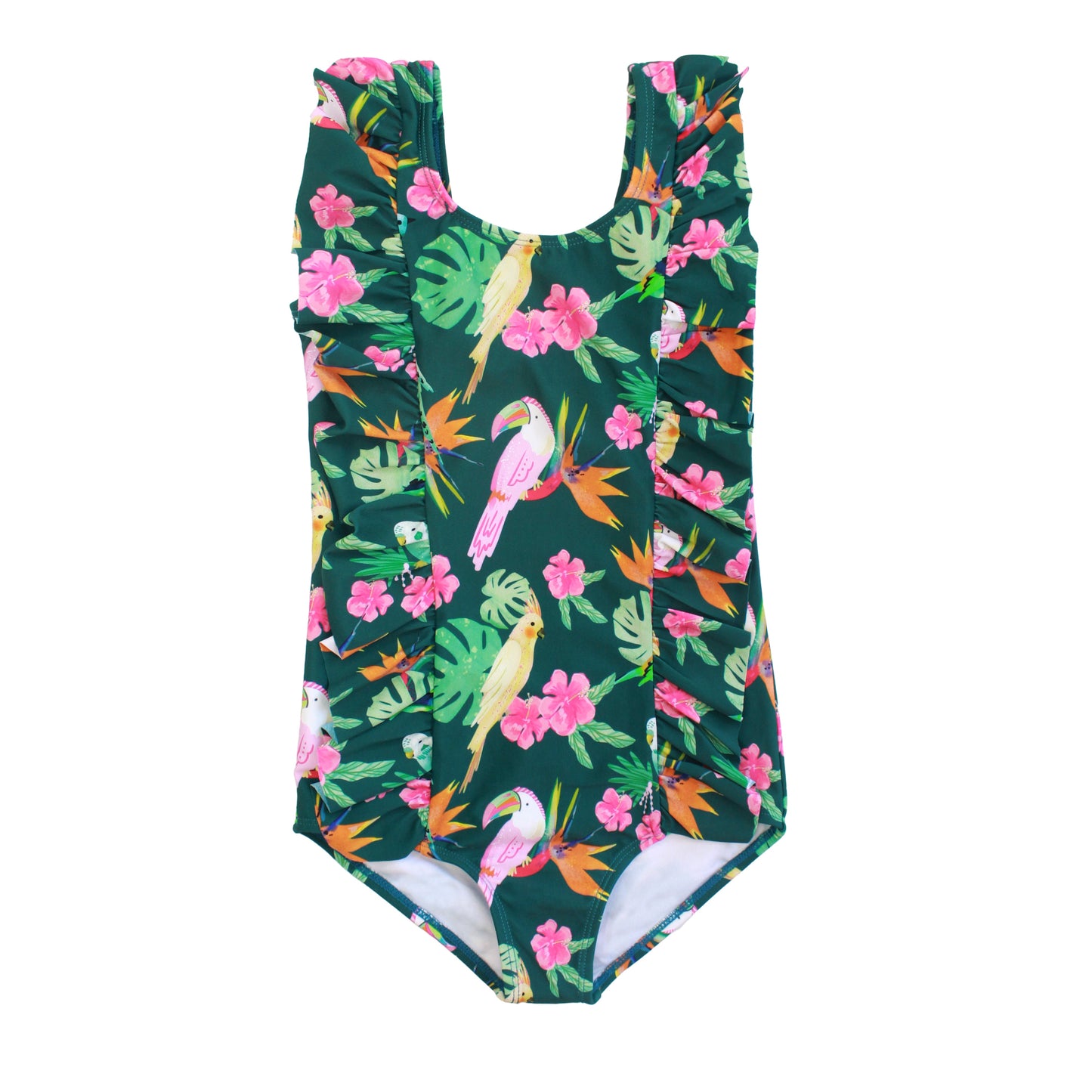 Girls one-piece swimsuit in the Isla Botánica tropical birds print featuring a scoop neckline and sweet ruffle details on the front.